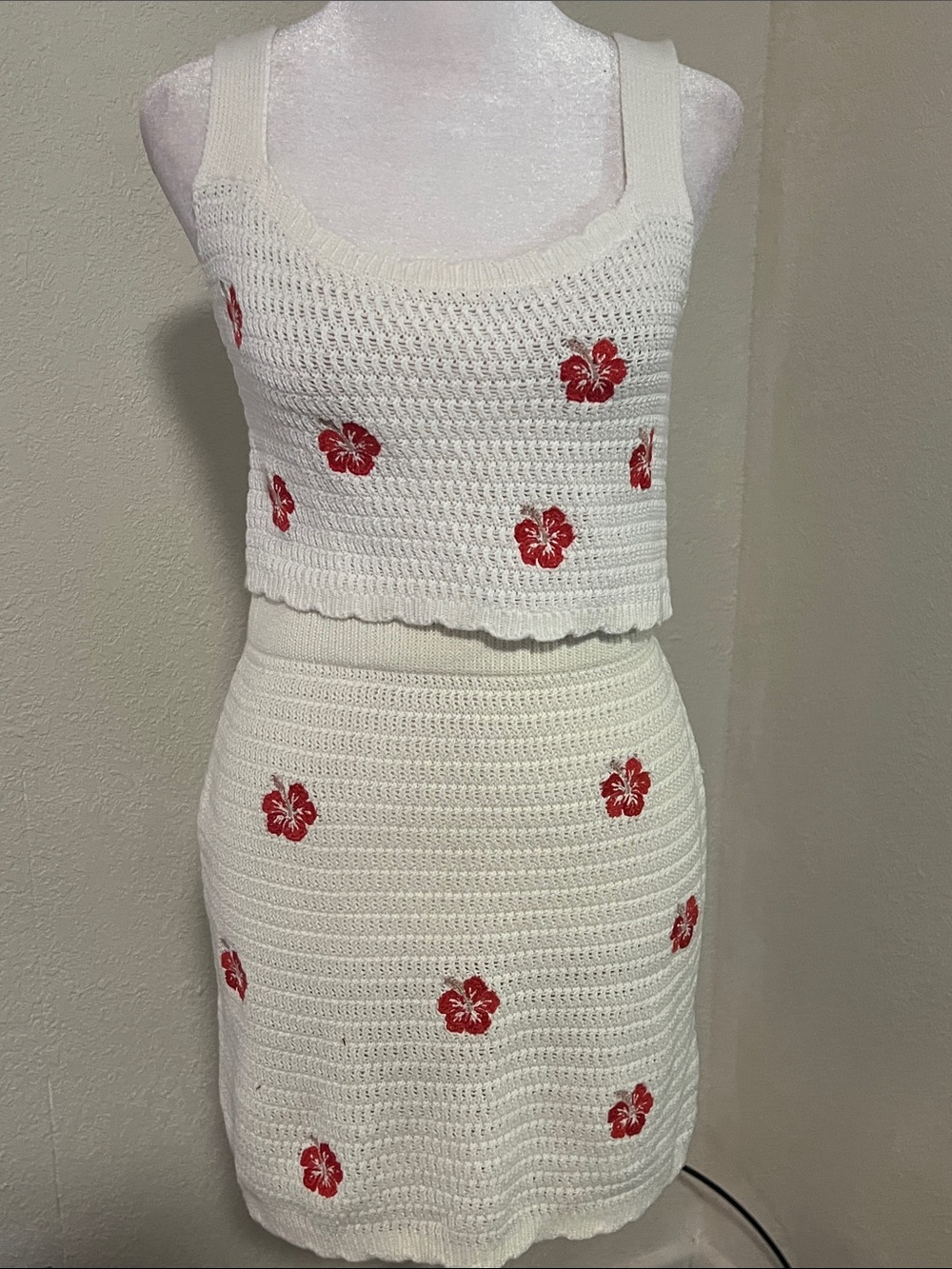 wild fable White Crochet Two-Piece Skirt Set with Red Floral Embroidery